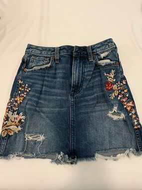 Embroidered Distressed Denim Skirt - Blue